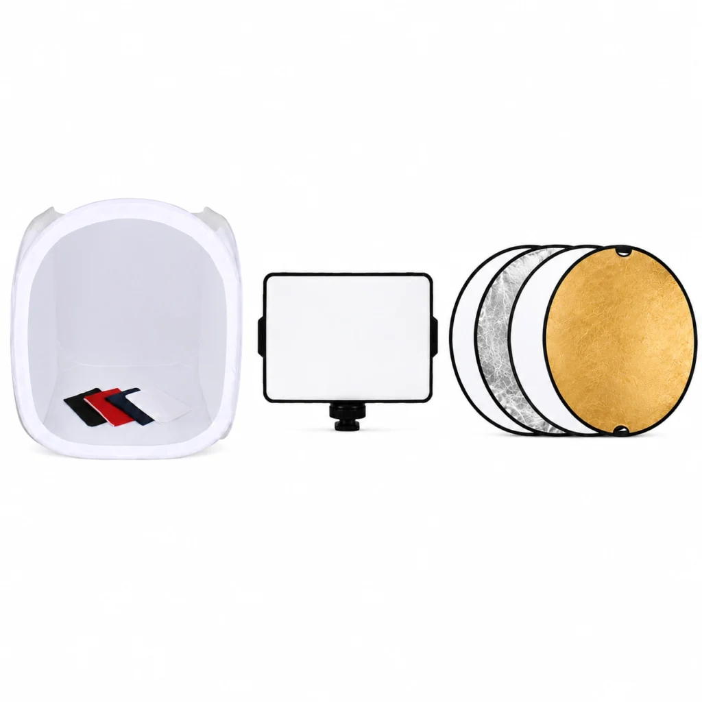 کیت تولید محتوای محصول VIP شامل خیمه عکاسی 75×75 سانتی‌متر، پنل LED و رفلکتور 5 کاره