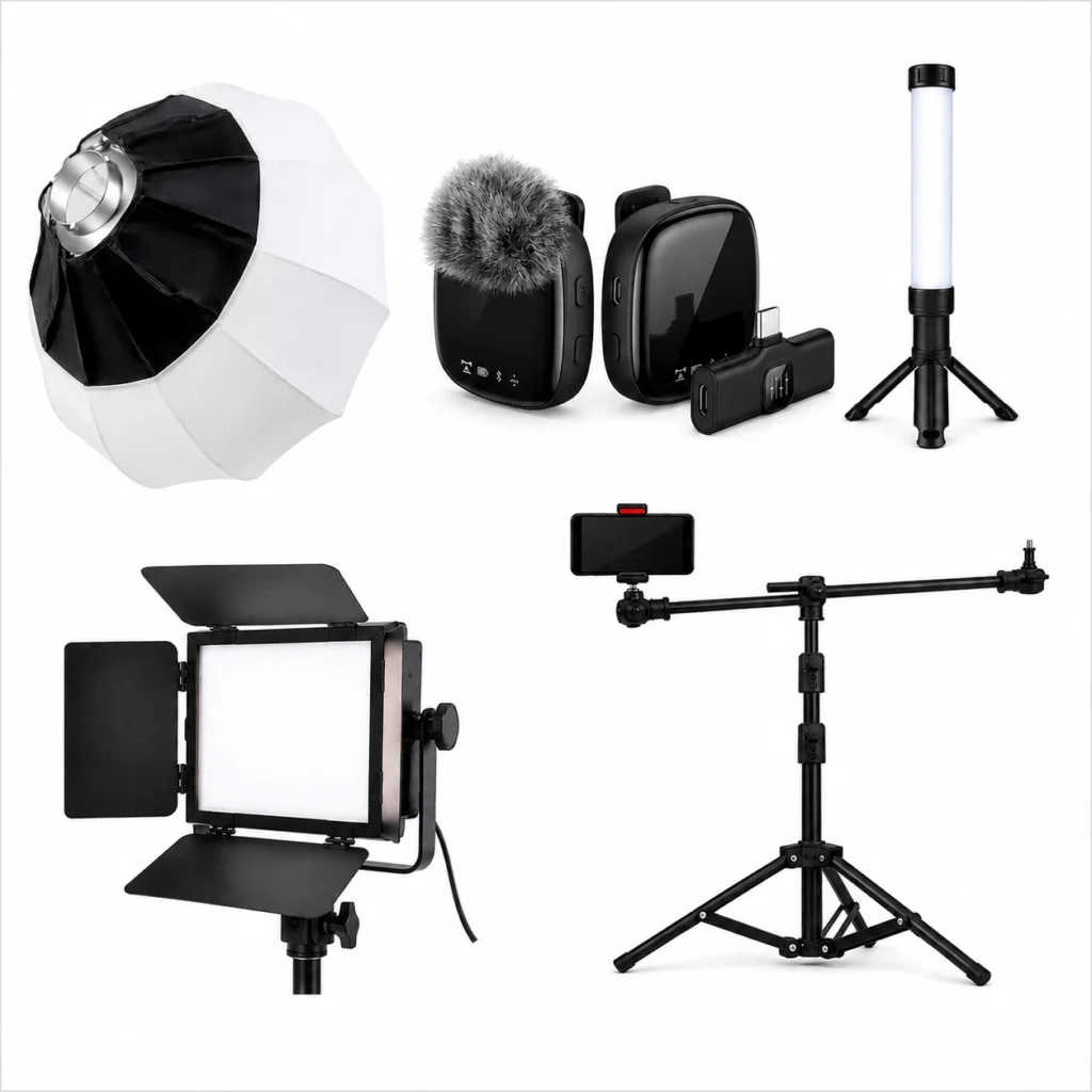 کیت پادکست و مصاحبه اقتصادی شامل میکروفون بی‌سیم Boss R8، نور ثابت Panasun S680، باتوم لایت RGB سپتا J20، سه پایه موبایل Panasun M2-905 و سافت باکس بالونی 65 سانتی‌متر.