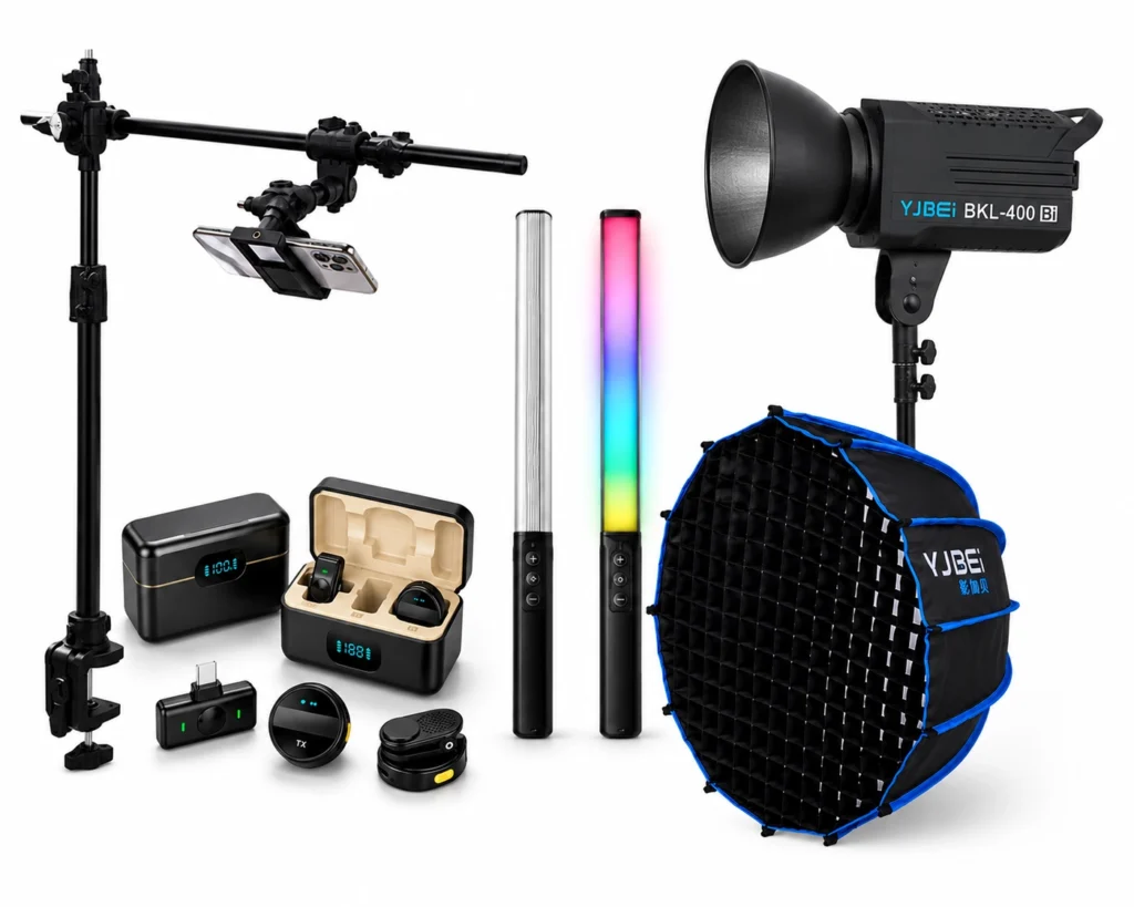 کیت کامل تولید محتوا شامل میکروفون بی‌سیم YJBEi SH20، سه پایه موبایل Panasun Z4، باتوم لایت RGB سپتا D60، پارابولیک سافت باکس 65 سانتی‌متری و ویدیو لایت YJBEi BKL400 Bi