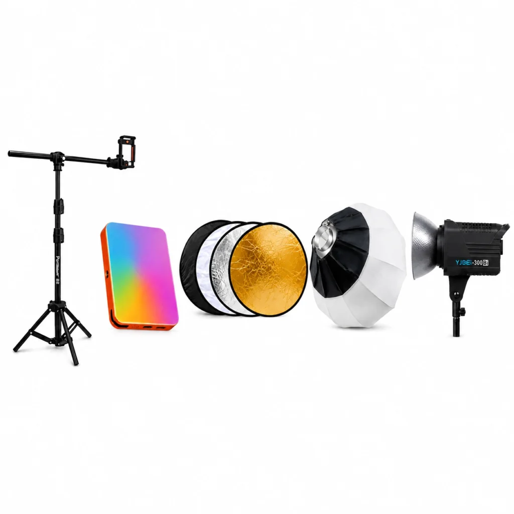 کیت میکاپ آرتیست اقتصادی شامل نور COB، نور RGB، رفلکتور 5 در 1، سافت باکس و سه پایه موبایل
