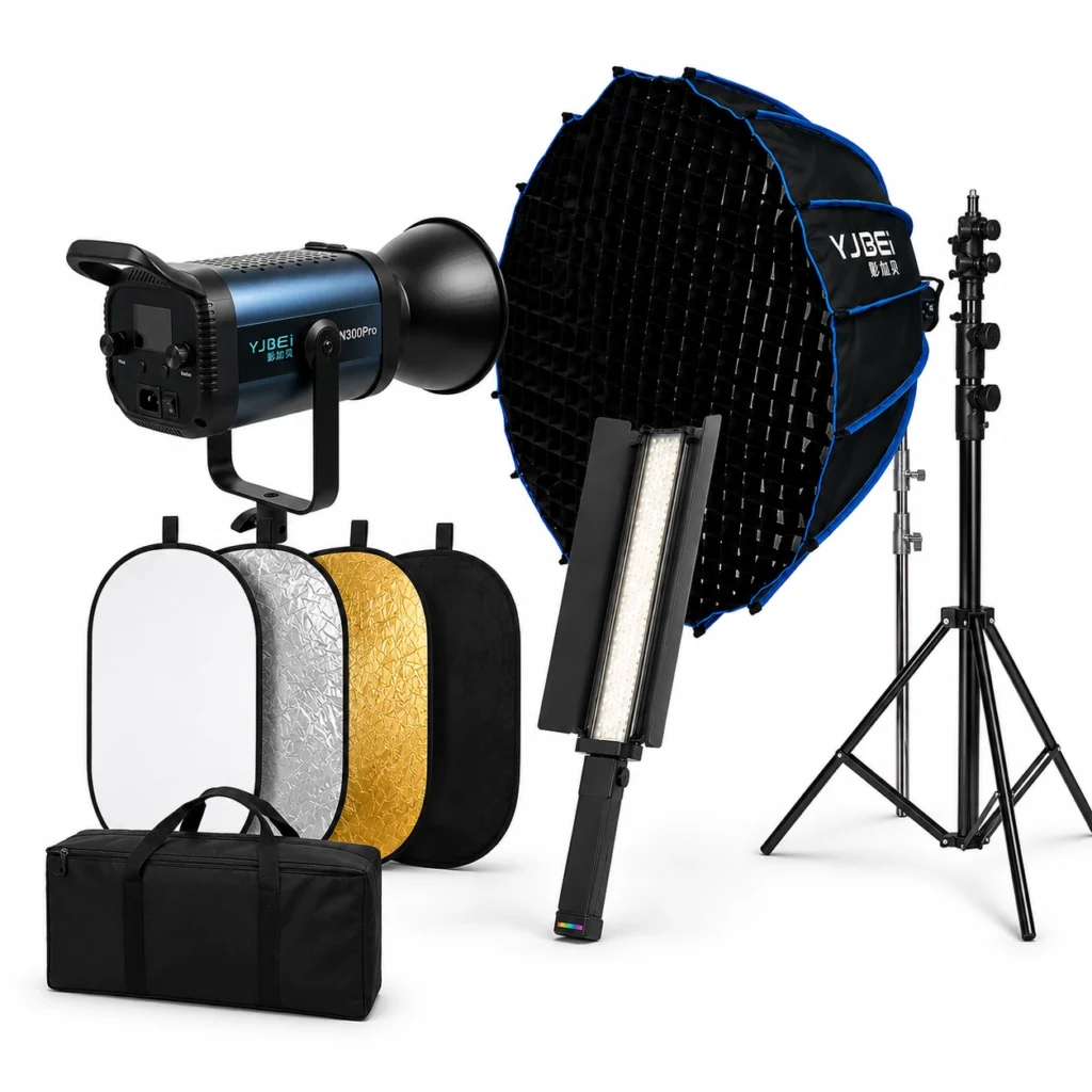 کیت میکاپ آرتیست VIP شامل نور COB، نور RGB، رفلکتور 5 در 1، سافت باکس و سه پایه نور